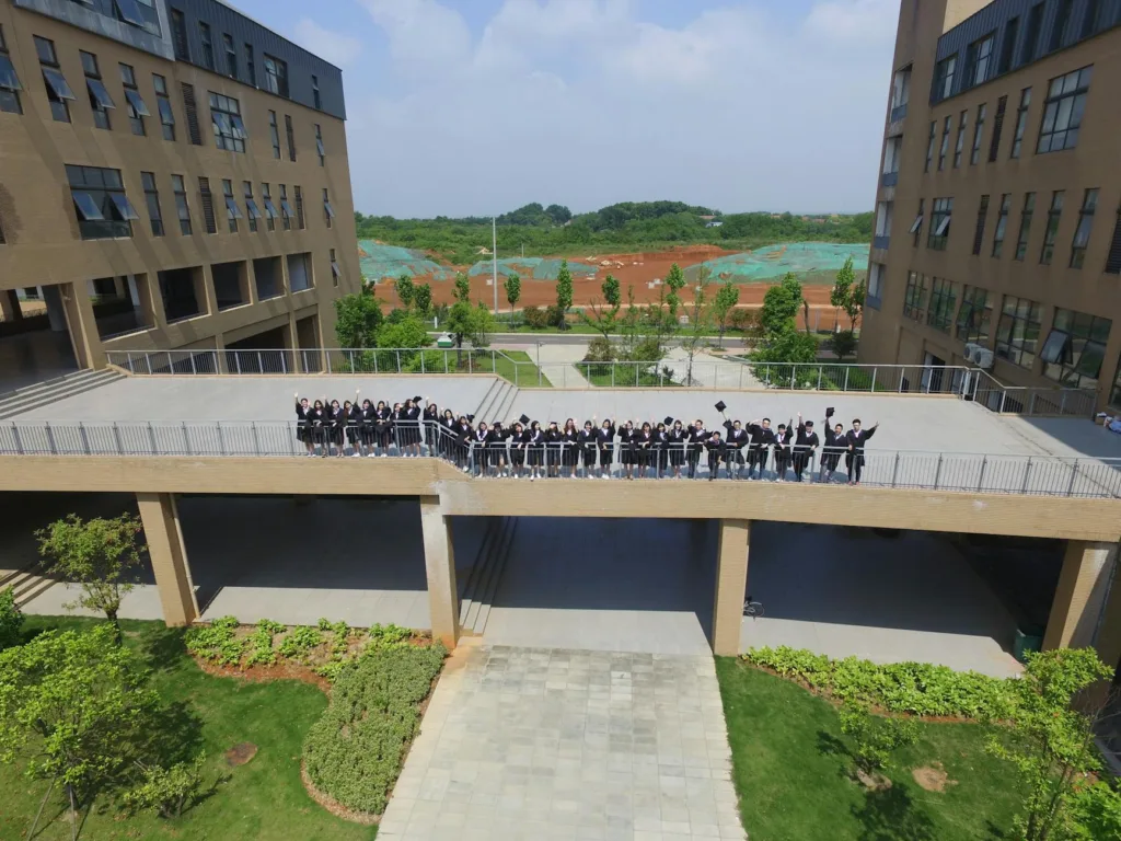 aerial view of group gathering on elevated walkway