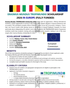 Erasmus Mundus TROPIMUNDO Master Scholarship 2026 1 Erasmus Mundus TROPIMUNDO Master Scholarship 2026 – Fully Funded Study in Europe & Tropical Field Locations